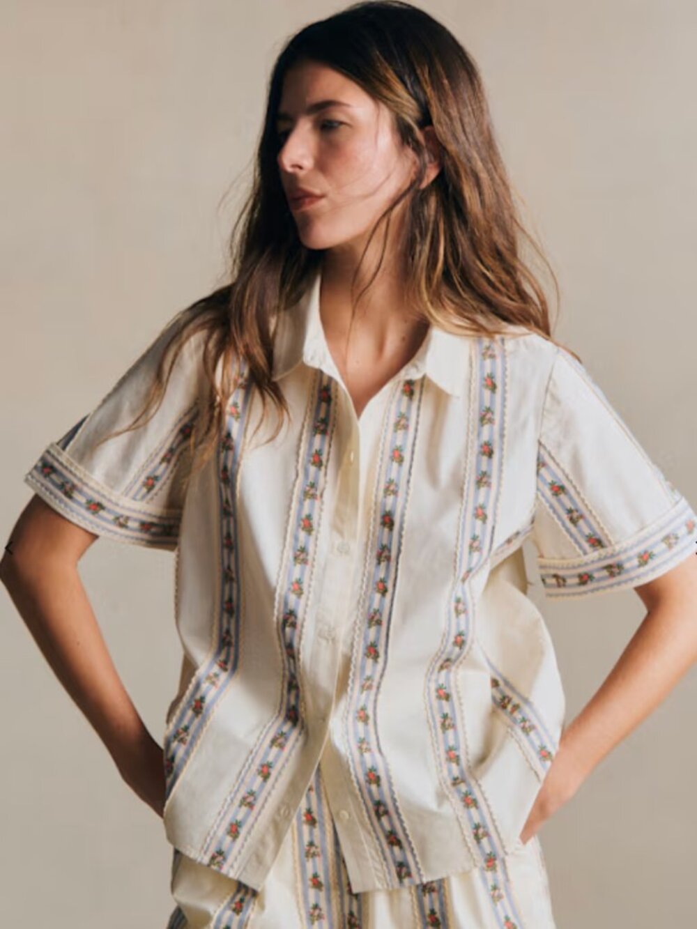 Sezane Livia Shirt Ecru Embroidery with Blue Stripes